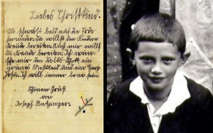 Pope Benedict at Age 7 This is a letter that Pope Benedict XVI, at age seven, wrote to Baby Jesus in 1934.