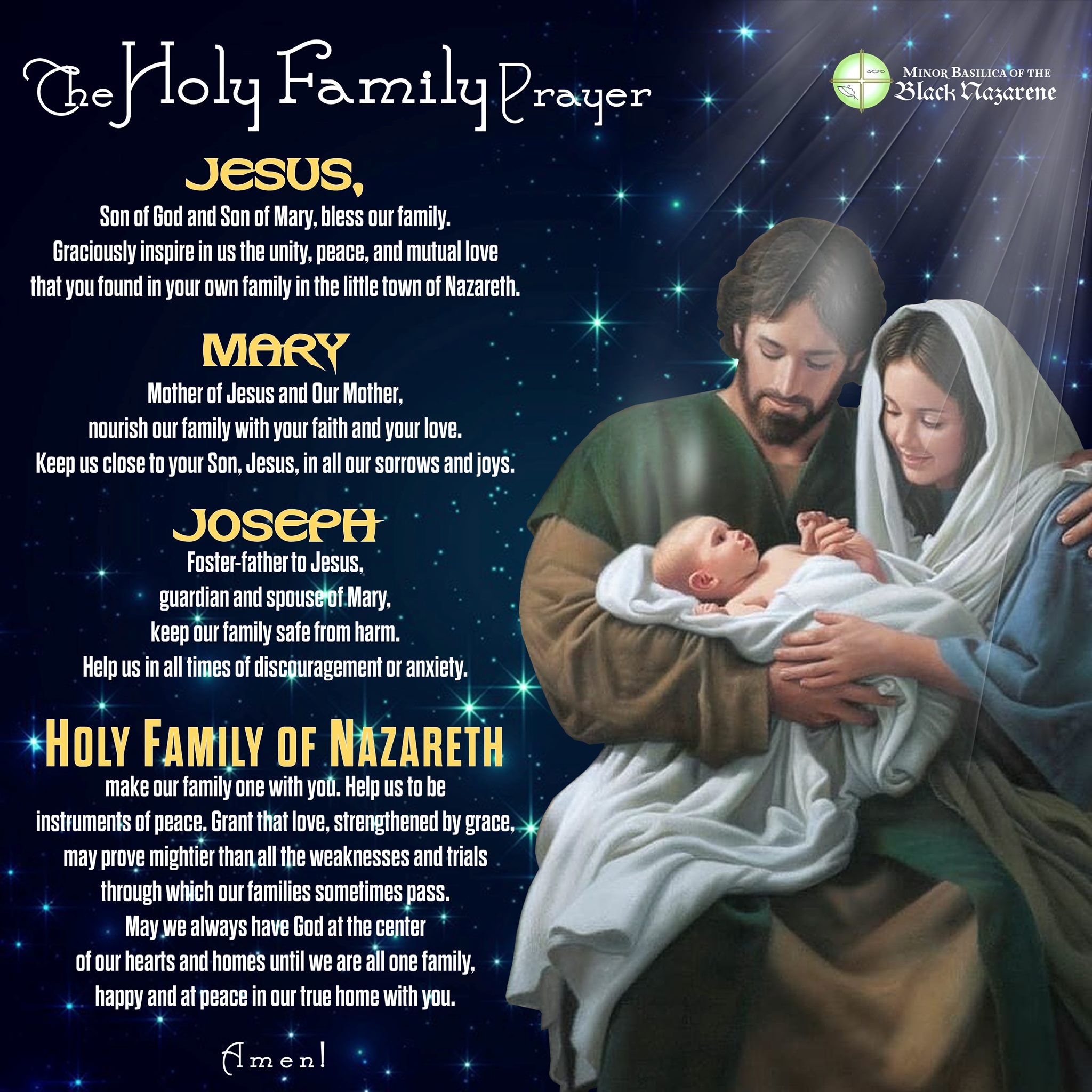 This prayer, written by the Missionaries of the Holy Family, invokes the intercession of the Holy Family of Jesus, Mary, and Joseph as the standard of holiness for all families.